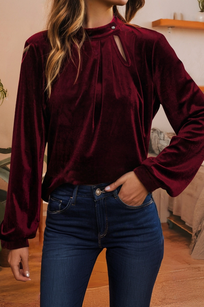 Keyhole Neck Long Sleeve Velvet Blouse 403