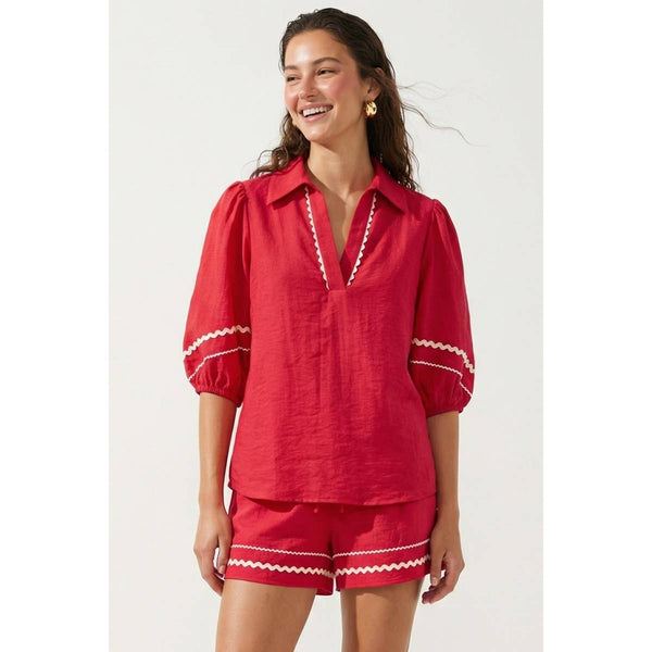 Contrast Trim Puff Sleeve Linen Blouse 9032