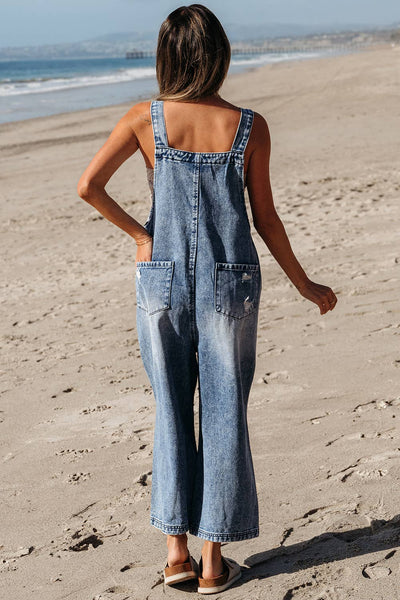 Distressed Bib Pocket Wide Leg Denim Overall 1404