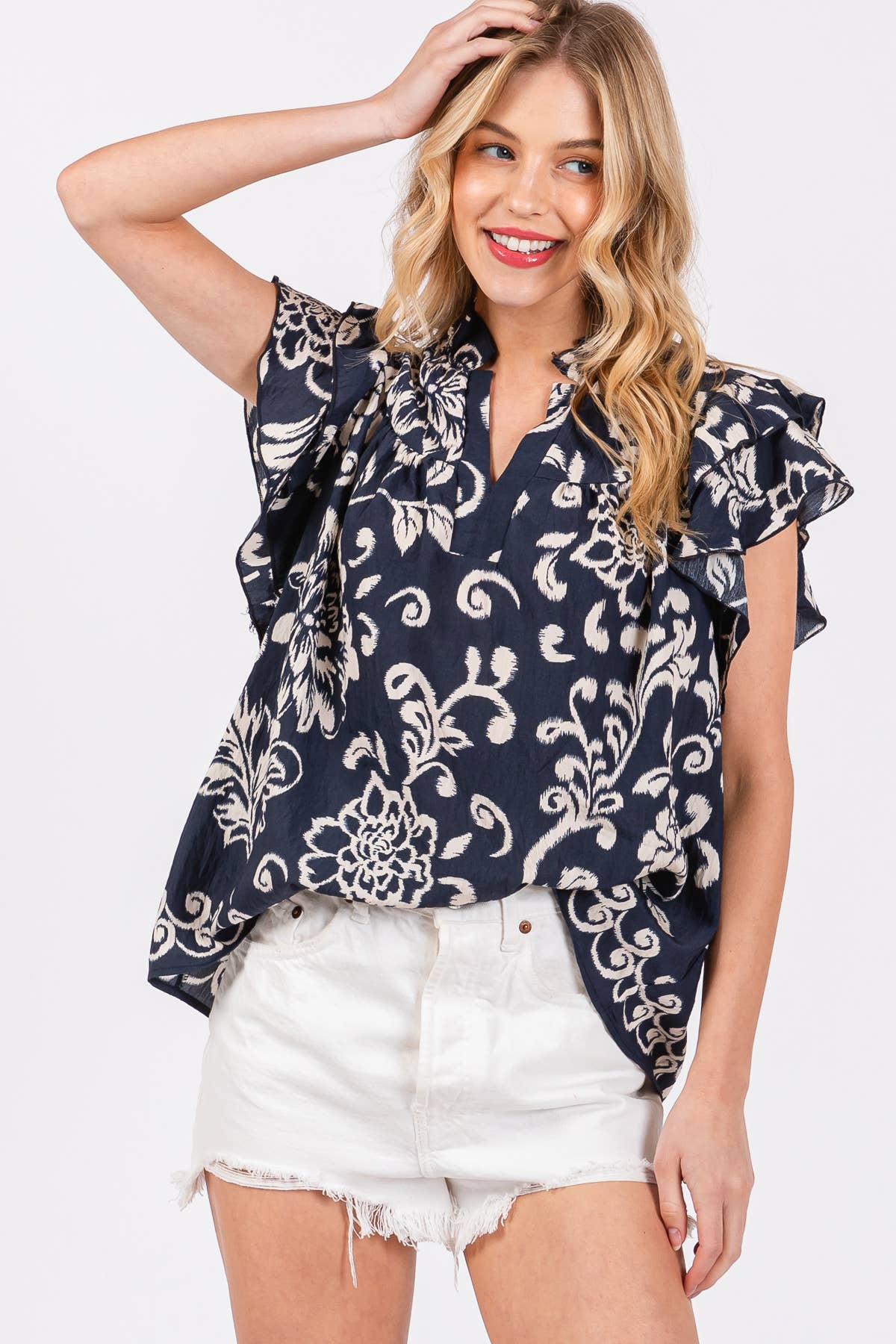 Solid Floral Ruffled V-neck Blouse 3343