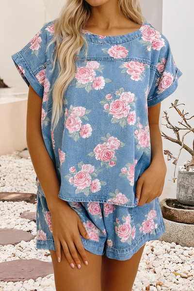 Cuffed Retro Floral Top Loose Shorts 2pcs Denim Set 1670