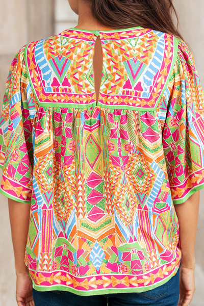 Geometric Print Bell Sleeve Blouse 1422