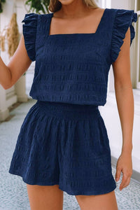 Textured Square Neck Top and Shirred Shorts Set 1005