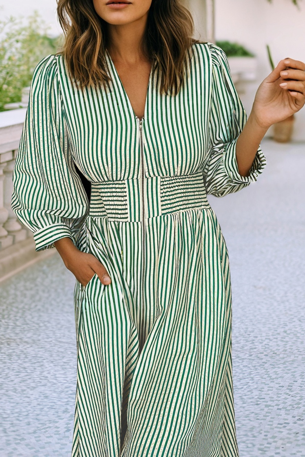 Stripe V Neck Zip Front Cinched High Waist Midi Dress 919