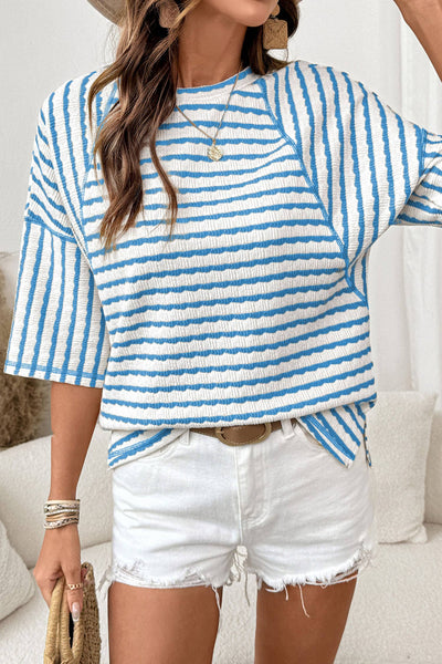Striped Textured Knit Half Sleeve Top 419