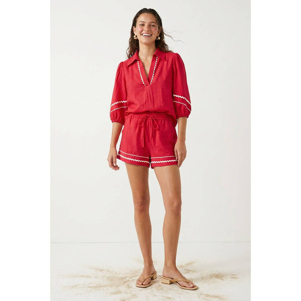 Contrast Trim Puff Sleeve Linen Blouse 9032