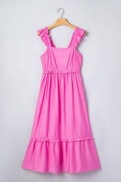 Solid Color Ruffle Trim High Waist Sleeveless Maxi Dress 8603