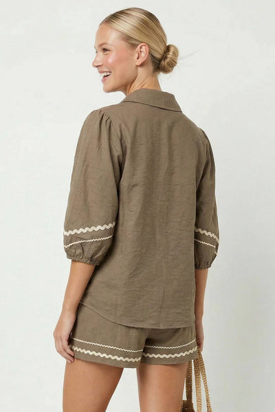 Contrast Trim Puff Sleeve Linen Blouse 9032