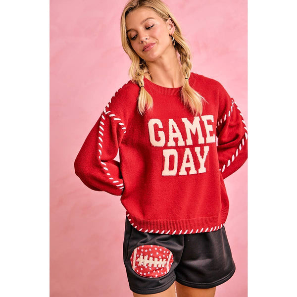 Gameday Contrast Stitch Long Sleeves Knit Top 5396