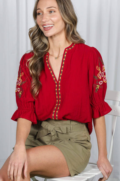 Bohemian Floral Embroidered Round Split Neck Blouse 2833