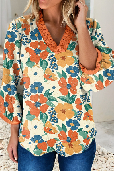 Frilled V Neck Floral Print Bracelet Sleeve Blouse 1420