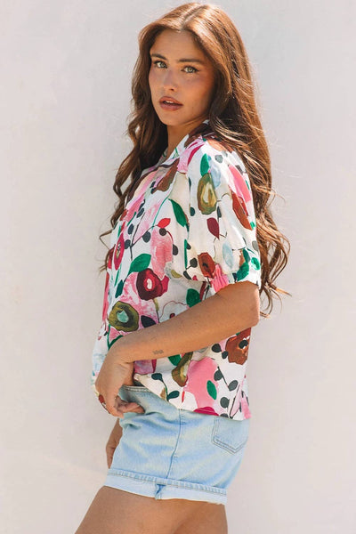 Floral Print Slit V Neck Short Sleeve Blouse 0310