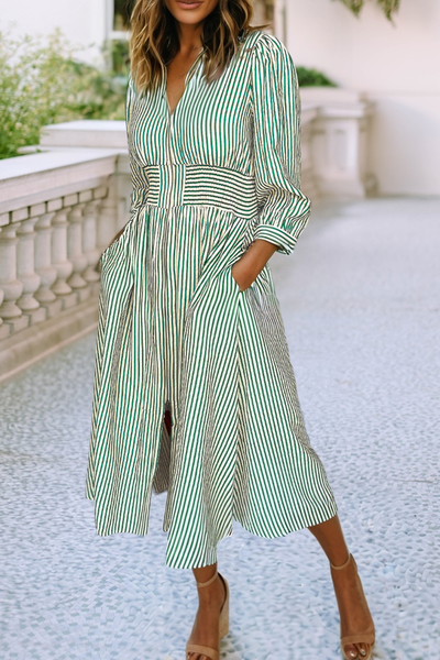 Stripe V Neck Zip Front Cinched High Waist Midi Dress 919