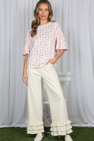 Colorful Polka Dot Short Ruffle Sleeve Knit Top 2765