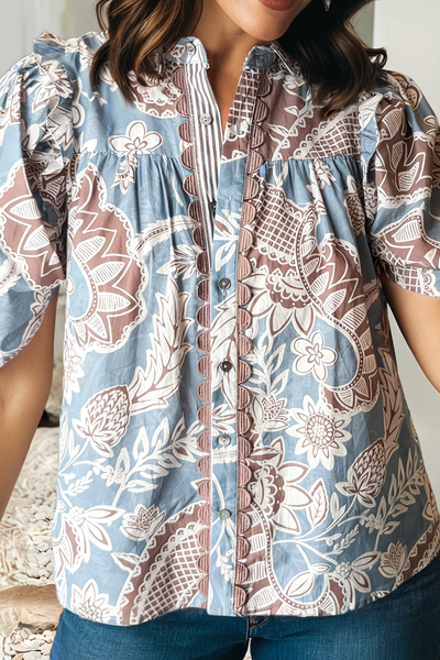 LDC Boho Floral Print Scalloped Trim Button Down Shirt