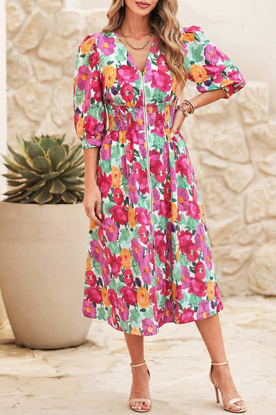 Floral Print V Neck Zip Up Puffy Half Sleeve Dress 7959