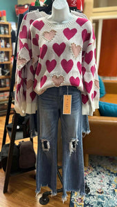 HEART PRINT WITH PEARL EDGE DETAIL SWEATER TOP