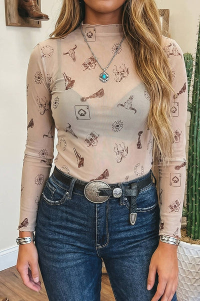 Western Slim Fit Floral Mesh Long Sleeve Mock Neck Top 1015