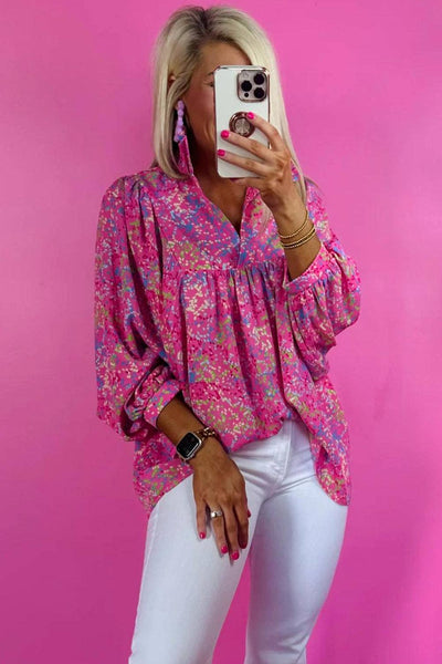 Abstract Print Collared V Neck Babydoll Blouse 3010