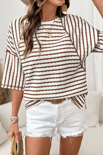 Striped Textured Knit Half Sleeve Top 419
