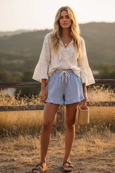Checkered Woven Ruffle Hem Shorts 2232