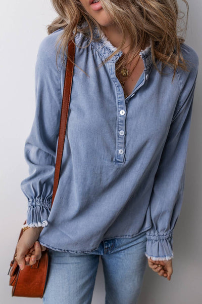 Frilled Raw Hem Half Buttoned Denim Top 304