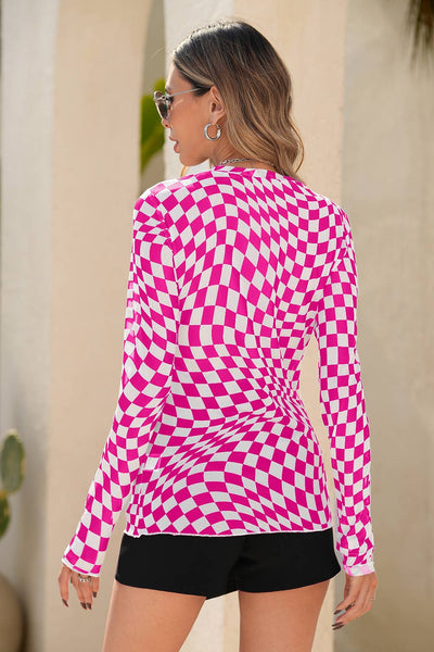 Checkered Pattern Mesh Long Sleeve Top 716P