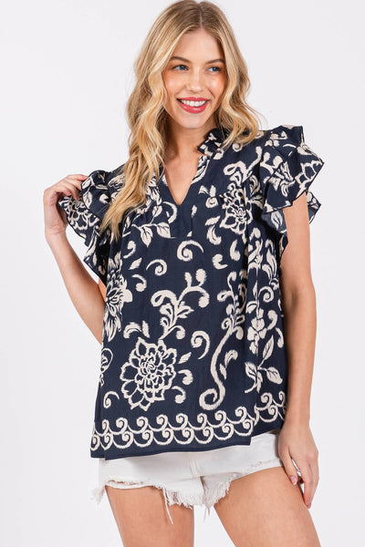 Solid Floral Ruffled V-neck Blouse 3343