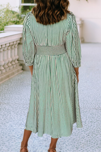 Stripe V Neck Zip Front Cinched High Waist Midi Dress 919