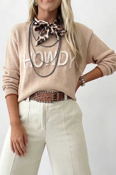 Western Howdy Letter Graphic Crew Neck Knit Sweater