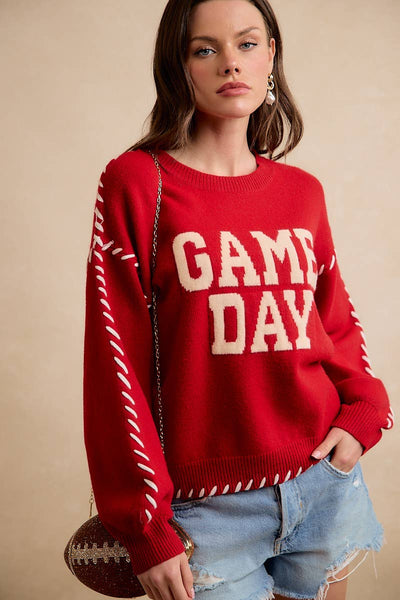 Gameday Contrast Stitch Long Sleeves Knit Top 5396