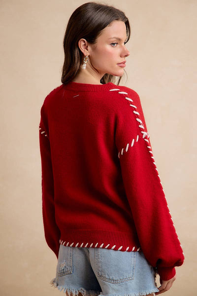 Gameday Contrast Stitch Long Sleeves Knit Top 5396