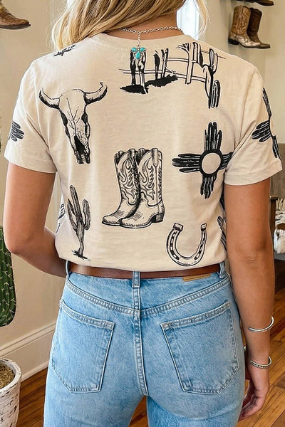 Western Print Round Neck Top 1906