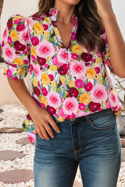 Spring Floral Frilled V Neck Puff Short Sleeve Blouse 5941