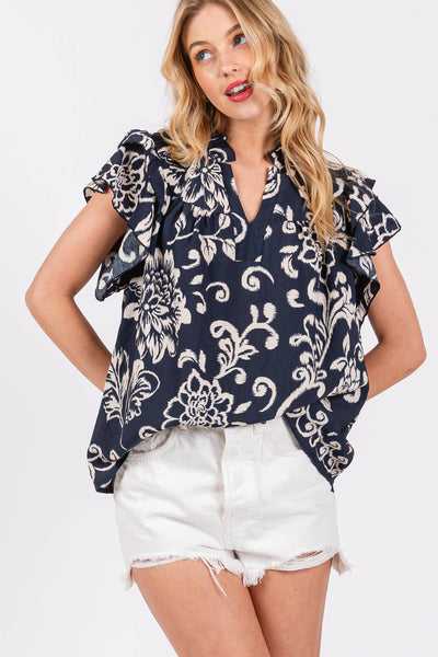 Solid Floral Ruffled V-neck Blouse 3343