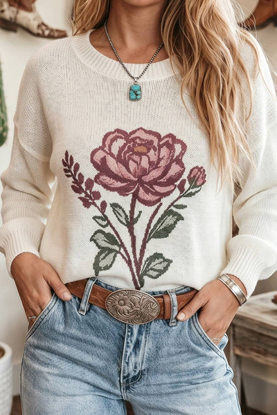 Floral Long Sleeve Loose Fit Pullover Knit Top 8725