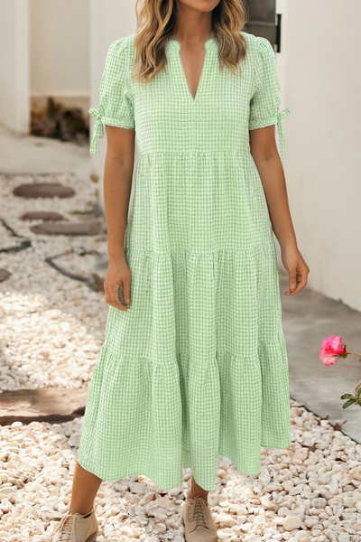 Gingham Textured Bow Tie Short Sleeve Tiered Midi Dress 704