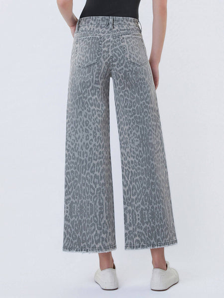 HIGH RISE GREY LEOPARD PRINT CROP WIDE LEG JEANS 331