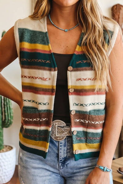Striped Button Front Sleeveless Knit Sweater Vest 4336