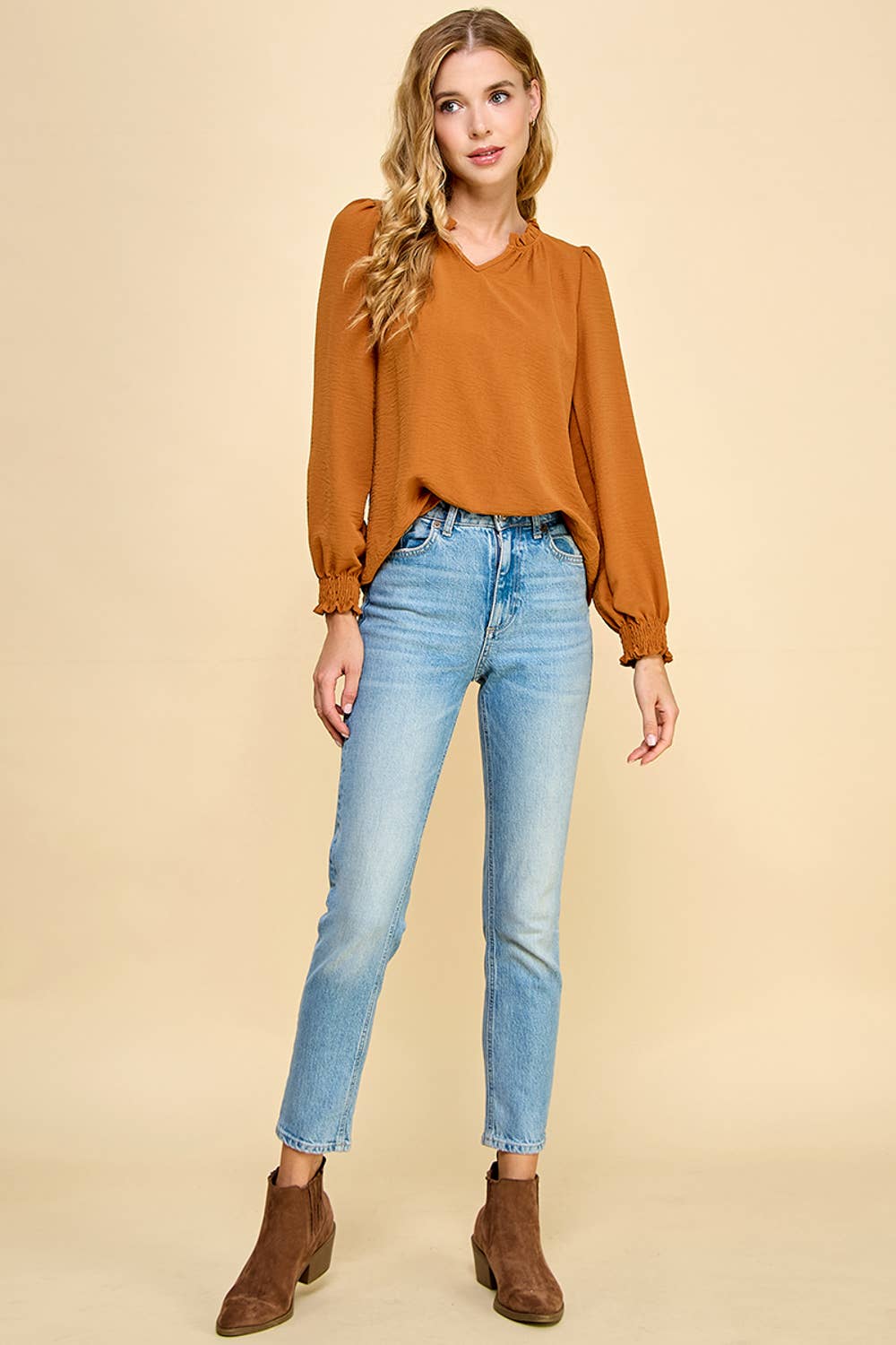 Solid Top with Ruffled V Neck Detail 1495