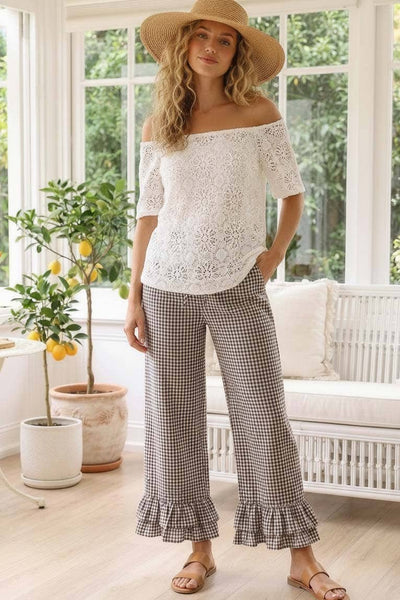Gingham Casual Ruffled Hem Cropped Pants 3379A