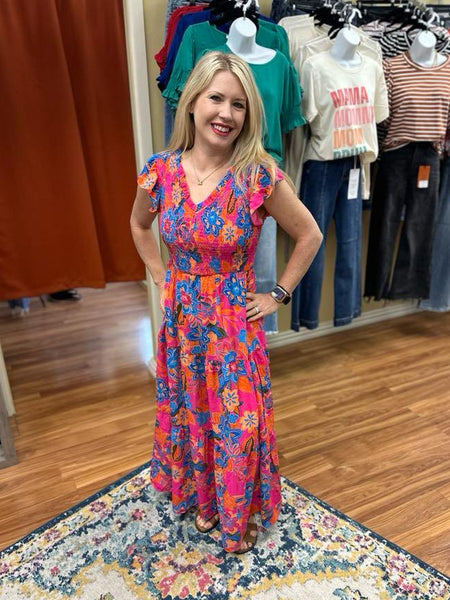 Floral V Neck Ruffle Tiered Long Dress 9015