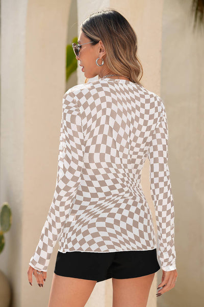 Checkered Pattern Mesh Mock Neck Long Sleeve Top 716