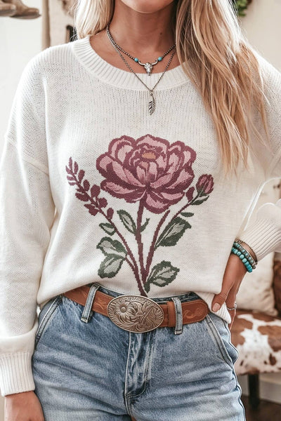 Floral Long Sleeve Loose Fit Pullover Knit Top 8725