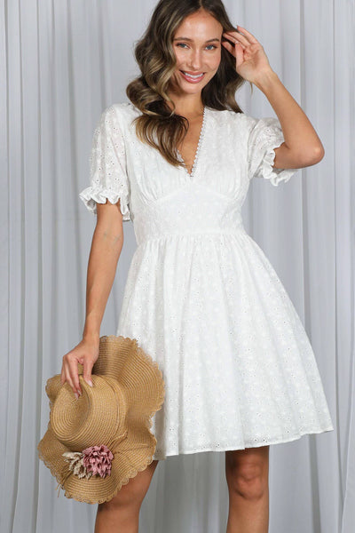 Floral Eyelet Lace 100%Cotton V-Neck Mini Dress 2901