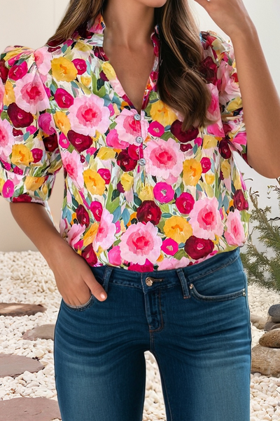 Spring Floral Frilled V Neck Puff Short Sleeve Blouse 5941