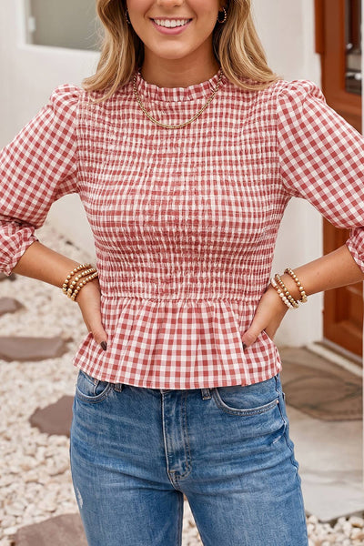 F/W26 Plaid Smocked Bodice Three Quarter Sleeve Casual Top
