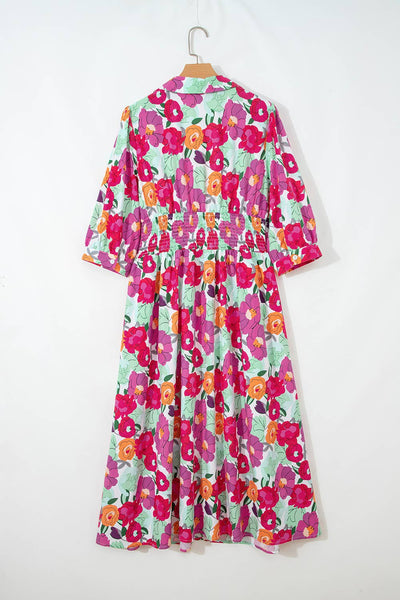 Floral Print V Neck Zip Up Puffy Half Sleeve Dress 7959