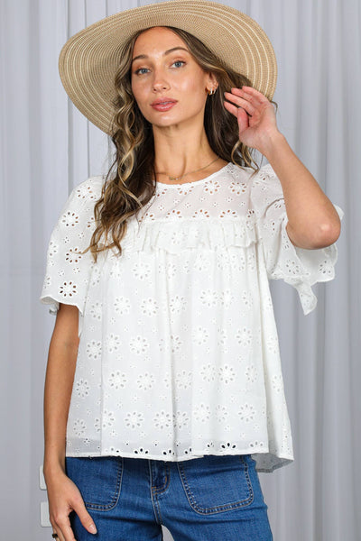 Eyelet Lace Ruffle Sleeve Blouse 2953