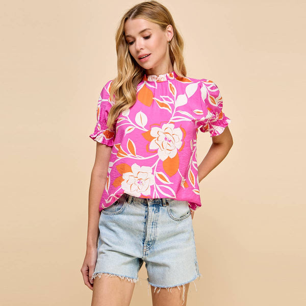 Floral Printed Top with Ruffled Neck LA78